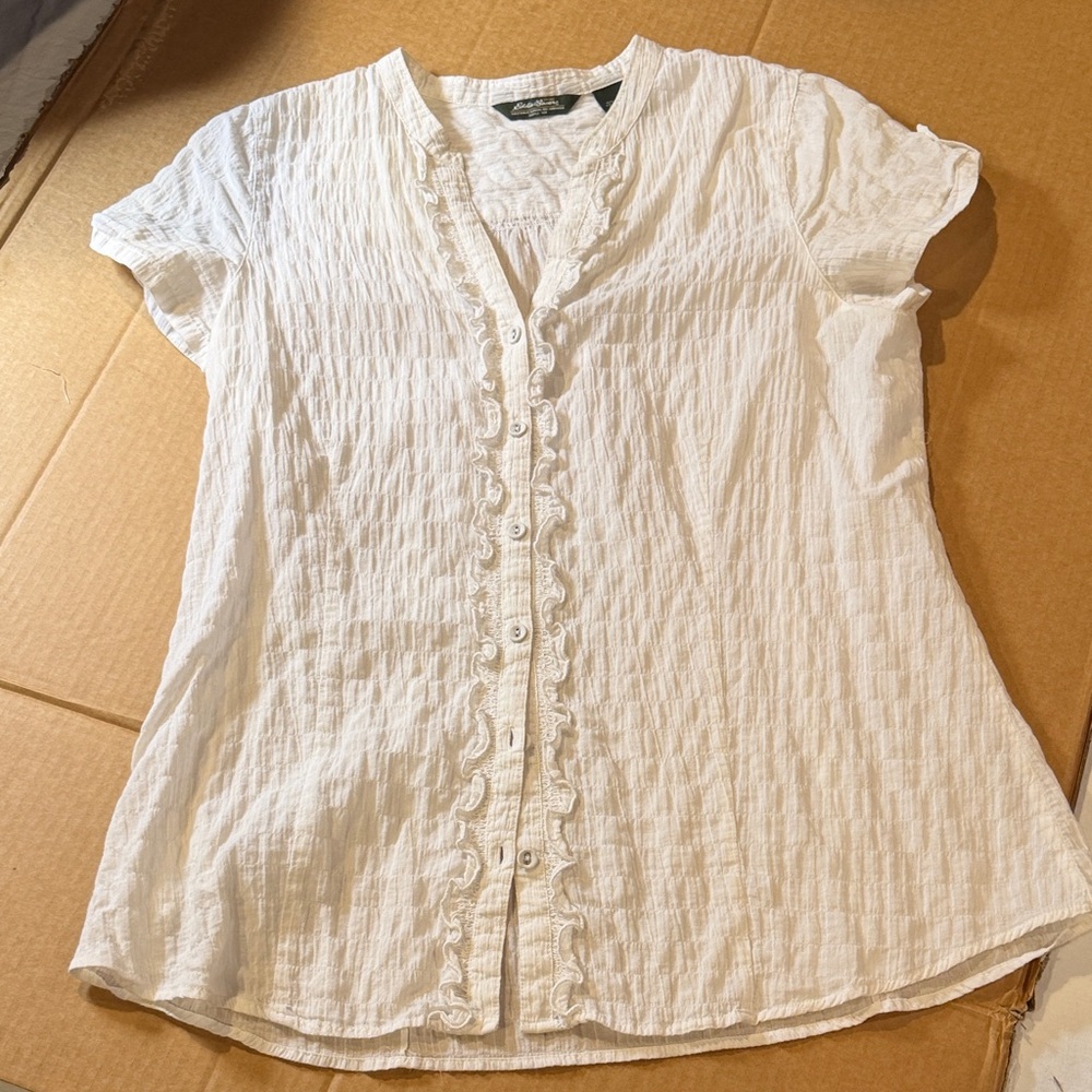 Eddie Bauer White Cotton Button up Short Sleeve Blouse